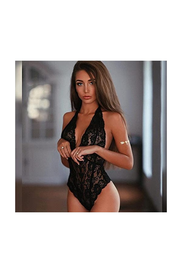 ASRX Body One Piece Black V-Cou Lingerie Hot Erotic Teddies Body Sexy Femmes Dentelle Florale Sexy Costume Plus La Taille S-3