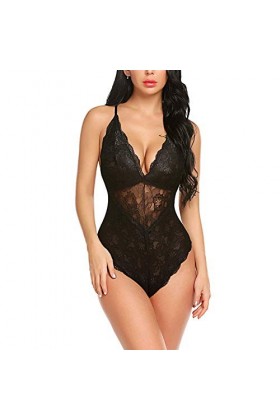 FNKDOR Lingerie Sexy pour Femmes Body et Combinaison Dos Nu en Dentelle avec Décolleté en V Sexy Teddy Lingerie Dos Nu sous-V