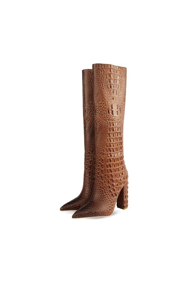 WOkismD 11 CM/4.33IN Sexy Bout Pointu Manches Épais Talon Grande Taille Bottes Externe Usure Haute Bottes,Marron,44 EU