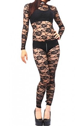 LinvMe Floral Dentelle Noire Zentai De Femmes See Through Bodysuit Nuit Noir S