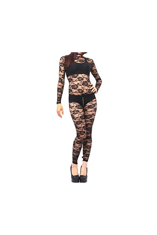LinvMe Floral Dentelle Noire Zentai De Femmes See Through Bodysuit Nuit Noir S