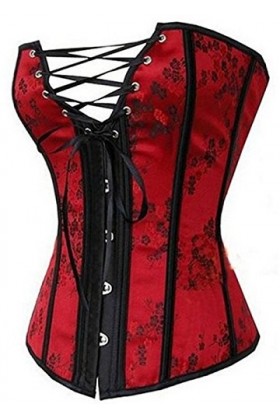 Kelvry Gothique Bustier Florale Lycra Jacquard Lacets Corset Rouge S-6XL