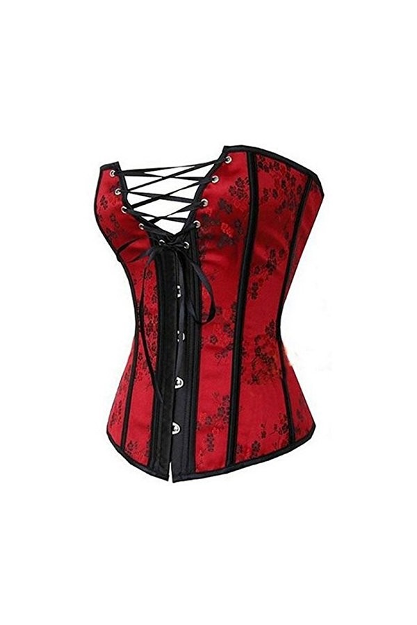 Kelvry Gothique Bustier Florale Lycra Jacquard Lacets Corset Rouge S-6XL