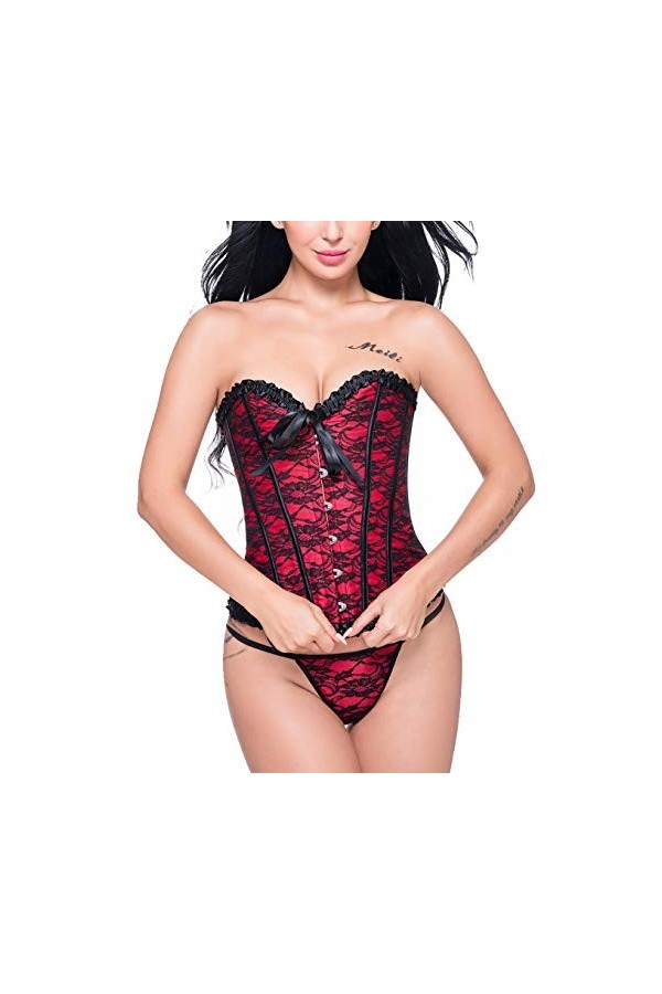 Beauty-You Femme Bustiers et corsets Broderie Serre-Taille Guêpière Noeud Papillon avec G-string L, Black 2 