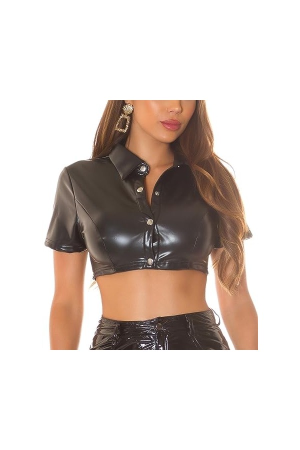 Koucla Top court sexy aspect cuir avec boutons effet mouillé, Noir , taille unique