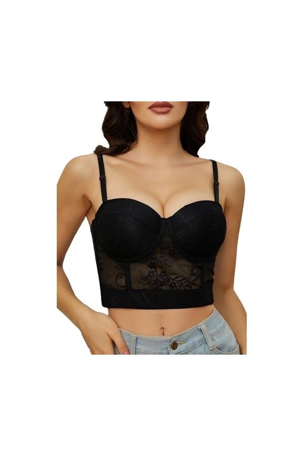 SLIMBELLE Débardeur à Bretelle Femme Corset Bustier Bra Veste en Dentelle Vest Blouse Corset Bra Crop Top de Clubwear Noir M