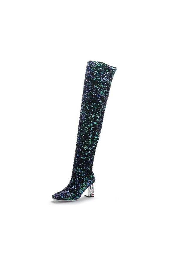 WOkismD 9.5CM / 3.74IN Bout pointu Épais Talons Hauts Bottes Sexy Et Élégantes Femmes Sur-Le-Genou Bottes Discothèque Pole Da