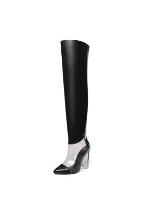 WOkismD 9.5CM / 3.74IN miroir en cuir verni transparent en forme spéciale Wedge Over-The-Knee Boots T Stage Catwalk Plus Size