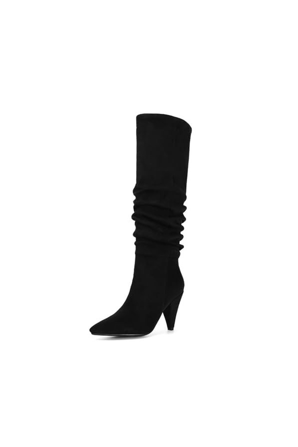 WOkismD 9 CM/3.54IN Bout Pointu Plissé Suède Haut Talon Haut Genou-Haute Bottes Talon Stiletto Stretch Bottes,Noir,40 EU