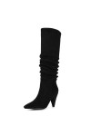 WOkismD 9 CM/3.54IN Bout Pointu Plissé Suède Haut Talon Haut Genou-Haute Bottes Talon Stiletto Stretch Bottes,Noir,40 EU