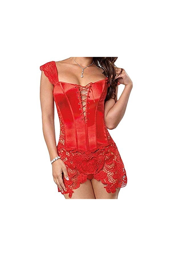 ORANDESIGNE Corset guepiere avec dentelle à lacets slim sexy femme lingerie rouge 3XL