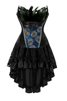 Josamogre Corset Femme Sexy Bustier Robe Jupe Élégantes Plume De Paon Gothique Dentelle Costume Halloweenn Bleu 4xl