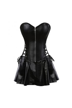 DELIGUO Bustiers et Corsets Femme - Sexy Faux Cuir Overbust Corset Évider Bustier avec Mini Jupe, Cosplay Costume Steampunk Z