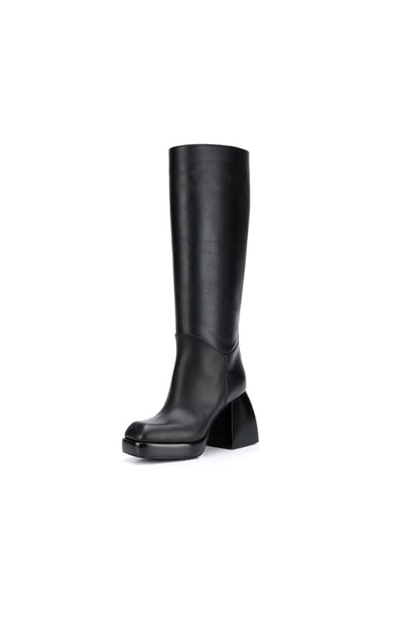 WOkismD 9.5CM / 3.74IN Plate-forme imperméable à talons hauts épais personnalisés Catwalk Mid-Call Boots Square Toe Manches d