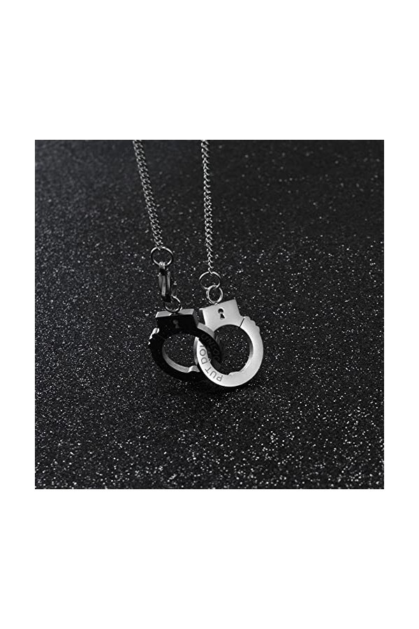 BlackAmazement Collier en acier inoxydable avec pendentif menottes huit menottes argentées punk motard femme homme, Acier ino