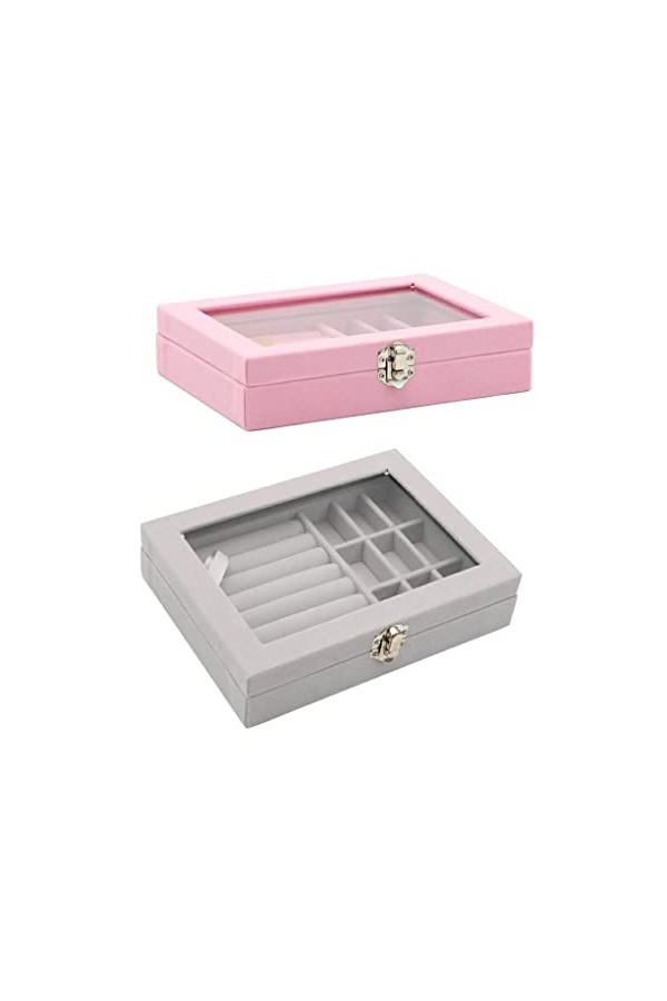 FIOERDTUIE Boîte avec couvercle transparent pour colliers, étui de rangement, porte-plateaux, organisateur rose, Gris Glace