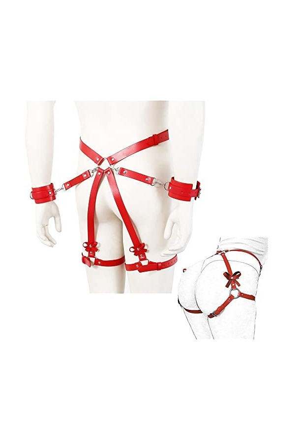 Ensemble de sous - vêtements rouges pour femmes, poignets réglables, cuisses et ceinture, poignets amovibles