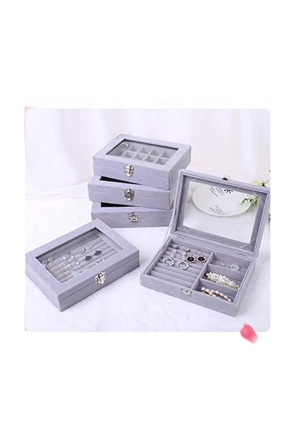 FIOERDTUIE Organisateur de vitrine de boucle doreille de plateau de bijoux de velours avec la commode de support de couvercl