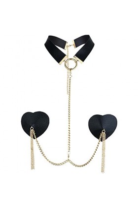 Wudaizhi Les Femmes Couvrent des Autocollants De Forme De Coeur en Cuir Sexy avec Collier De Couloir À Couchage À La Chaîne M