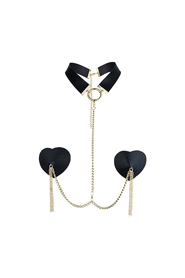 Wudaizhi Les Femmes Couvrent des Autocollants De Forme De Coeur en Cuir Sexy avec Collier De Couloir À Couchage À La Chaîne M