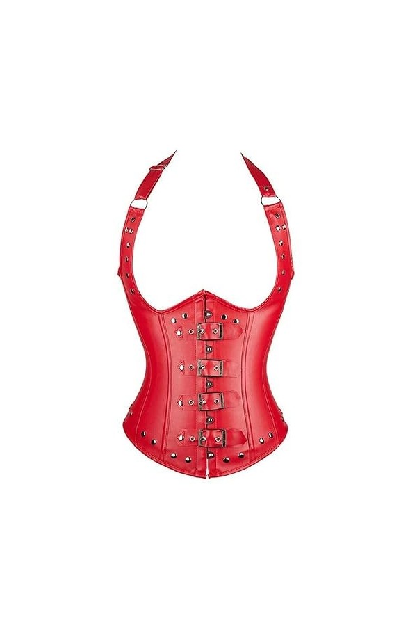 Corset en simili cuir grande taille avec bretelles en acier et os pour femme - Noir - 4XL