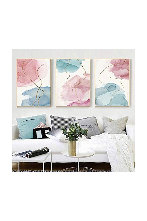 Peinture abstraite sur toile rose et bleu Lignes dorées Art mural Affiches et impressions nordiques Images de minimalisme pou