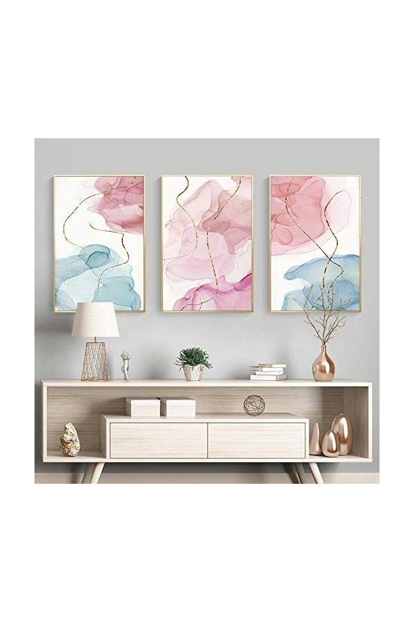 Peinture abstraite sur toile rose et bleu Lignes dorées Art mural Affiches et impressions nordiques Images de minimalisme pou