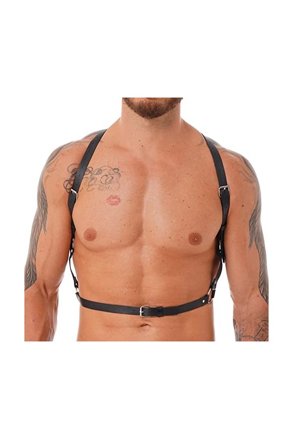 Harnais punk pour homme avec anneau torique en cuir synthétique - Sangle réglable - Sangle réglable - Boucle de taille, noir,