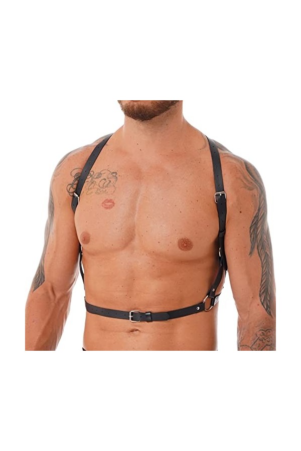 Harnais punk pour homme avec anneau torique en cuir synthétique - Sangle réglable - Sangle réglable - Boucle de taille, noir,