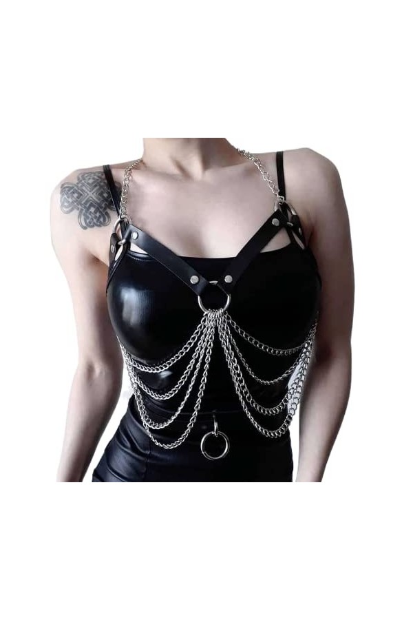 Sexy Femmes Chaîne En Cuir Harnais Corps Punk Cuisse Gothique Vêtements Halloween Partie Poitrine Club, noir, taille unique