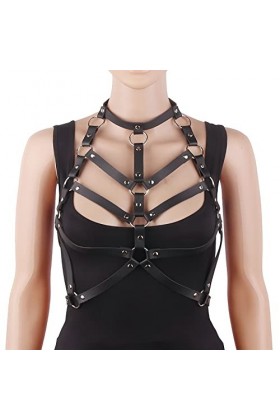 Punk Taille Harnais Ceinture en Cuir pour Femmes Filles, Noir Corps Poitrine Chaîne Goth Gilet Ceinture Réglable Bijoux de Co