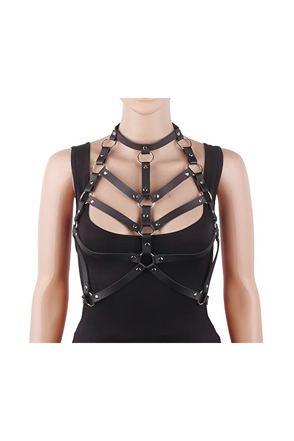 Punk Taille Harnais Ceinture en Cuir pour Femmes Filles, Noir Corps Poitrine Chaîne Goth Gilet Ceinture Réglable Bijoux de Co
