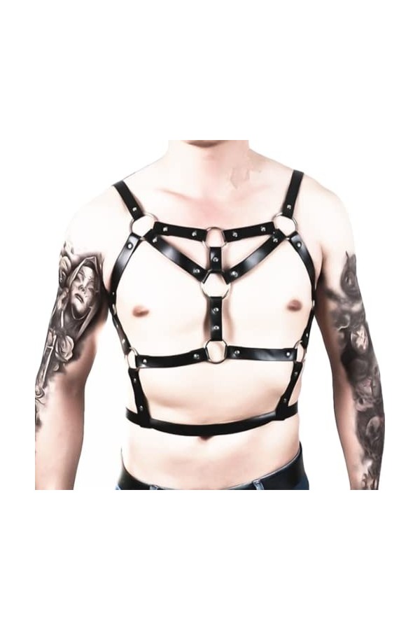 HSQSMWJ Hommes du Corps Coffre Harnais Réglable PU avec Anneau à Boucle Gay Bar Pub Jeu de Rôle Plaisir Color:Black,Size:One