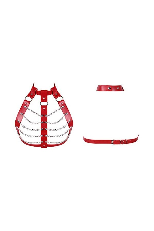 PETMHS Harnais en Cuir Soutien-Gorge Femmes Sexy Corps Cage Hauts Ajuster la Taille Sangle Punk Goth Danse Rave Costume Roug
