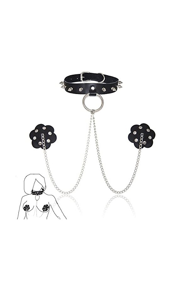 Collier de retenue Style Punk Rivets en métal Serrure en Cuir Manches de Cou réglables Plus Autocollants pour tétons Bijoux d