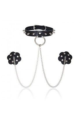 Collier de retenue Style Punk Rivets en métal Serrure en Cuir Manches de Cou réglables Plus Autocollants pour tétons Bijoux d
