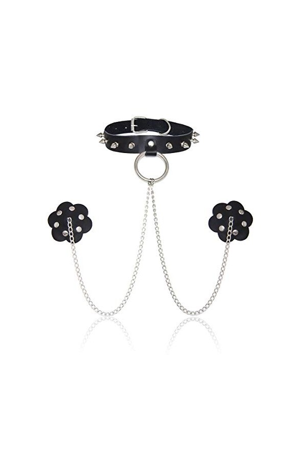 Collier de retenue Style Punk Rivets en métal Serrure en Cuir Manches de Cou réglables Plus Autocollants pour tétons Bijoux d