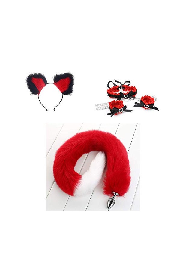 LOYOO Tête Oreilles De Chat, Queue De Renard Poilu Rouge-Blanc Pl-Úg An-Àl, Menottes Au Cou Ensemble Costume Cosplay Accessoi