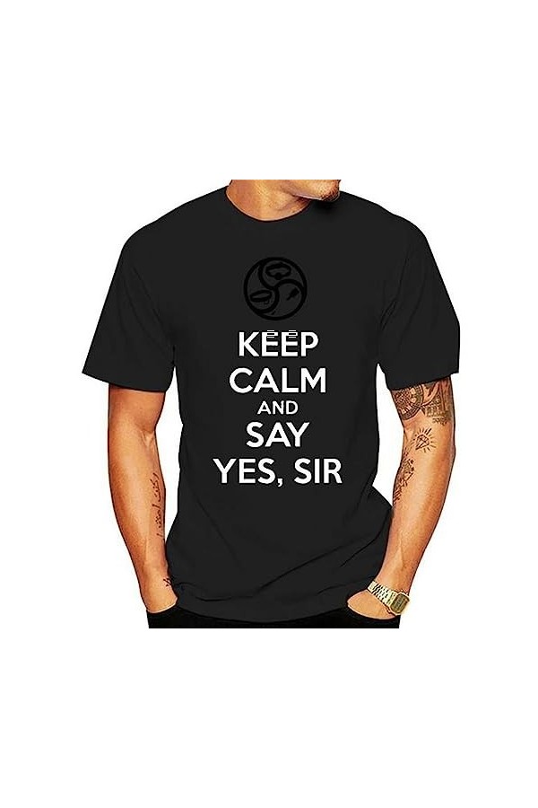 GOKO T-Shirt for Men Eep Calm and Say Yes Sir BDSM Kink Dom Sub 100% Cotton Dominant Submissive Slave Play Master Sexy Sub Cl