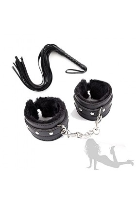 XaiYimee Poignets Noir en peluche avec fouet en cuir pour femmes, jeu de couples