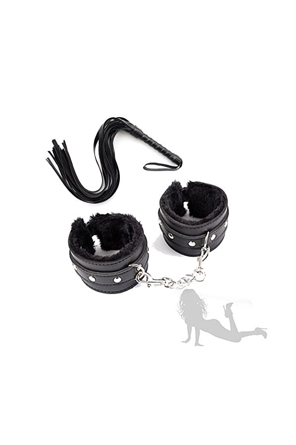XaiYimee Poignets Noir en peluche avec fouet en cuir pour femmes, jeu de couples