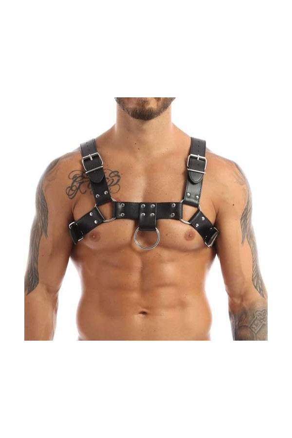 HSQSMWJ Harnais de Poitrine en Cuir pour Homme Corps PU Réglable avec Anneau à Boucle Gay Bar Pub Jeu Rôle Plaisir Color:Blac
