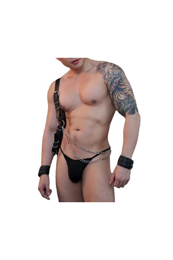 HSQSMWJ Harnais de Poitrine en Cuir Brillant pour Homme Boucle Bretelle dépaule Costume Clubwear Color:Black,Size:One Size 