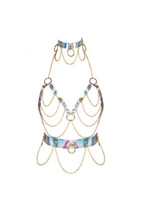 PETMHS Harnais de Poitrine en Cuir Punk pour Femmes Lingerie chaîne complète en métal évider Cadre Jarretelles Or coloré 