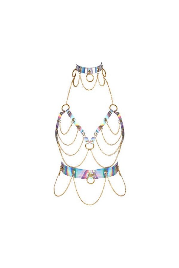 PETMHS Harnais de Poitrine en Cuir Punk pour Femmes Lingerie chaîne complète en métal évider Cadre Jarretelles Or coloré