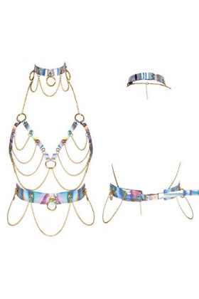 PETMHS Harnais de Poitrine en Cuir Punk pour Femmes Lingerie chaîne complète en métal évider Cadre Jarretelles Or coloré 