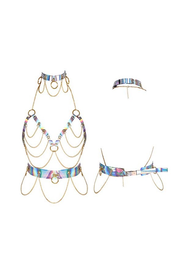 PETMHS Harnais de Poitrine en Cuir Punk pour Femmes Lingerie chaîne complète en métal évider Cadre Jarretelles Or coloré