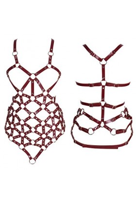 PETMHS Femmes Punk Cuir Poitrine Harnais Complet du Corps évider Taille réglable Ceintures Gothique Festival Rave Costumes V