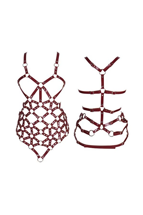 PETMHS Femmes Punk Cuir Poitrine Harnais Complet du Corps évider Taille réglable Ceintures Gothique Festival Rave Costumes V