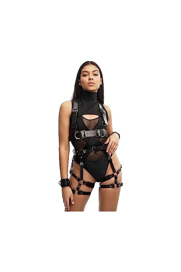 Cage Gothique Punk Ceinture en Cuir pour Femmes, Harnais Chaîne Sexy Harnais De Poitrine Ensemble De Lingerie Color : Black